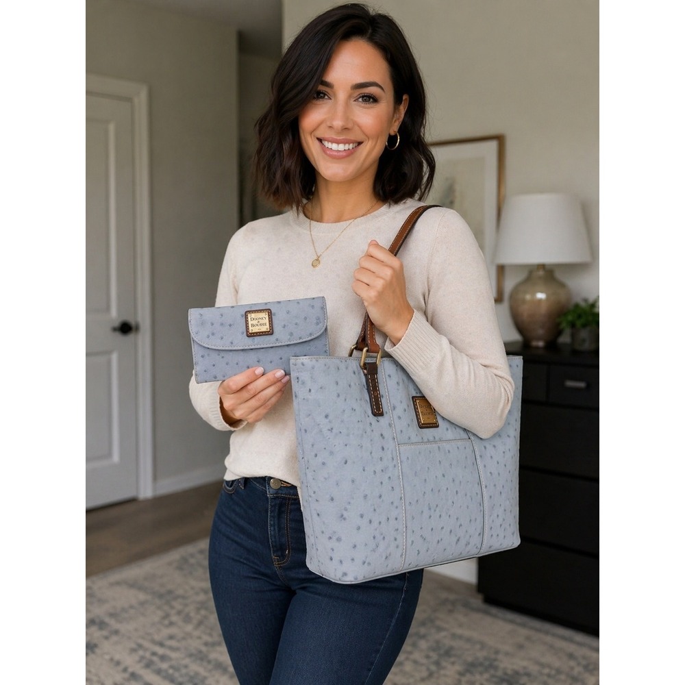 Dooney & Bourke Ostrich Embossed Leather Tote Bag & Wallet Set Blue Womens purse